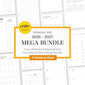 May include: A 2026-2027 planner mega bundle with 1750+ pages. Includes yearly, monthly, weekly, and daily layouts. Designed for personal size Filofax and other 6-ring planners. Four versions are shown.