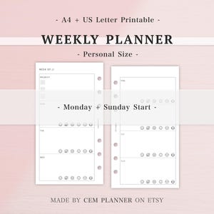 May include: A printable weekly planner with a minimalist design. The planner includes sections for each day of the week, with space for notes and a priority checklist. The text "WEEKLY PLANNER" is displayed prominently at the top.