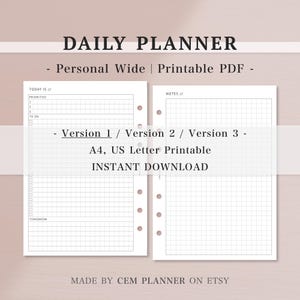 Undated Daily Planner Insert｜Personal Wide｜Priorities, To do list, Notes, Journal Pages｜A4, US Letter printable｜Digital Download PDF｜64