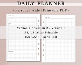 Undated Daily Planner Insert｜Personal Wide｜Priorities, To do list, Notes, Journal Pages｜A4, US Letter printable｜Digital Download PDF｜64