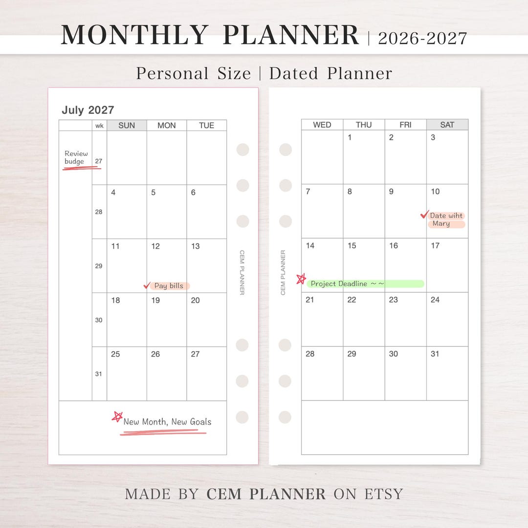 2026-2027 Monthly Planner Inserts: Personal Size Ring Binder (PDF) - Etsy