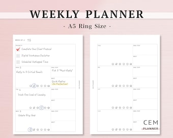 A5 ADHS Wochenplaner, Montag & Sonntag Start, Wöchentlich auf 2 Seiten, Top 3 Fokus, Mood Tracker, One Step Step Planer, A4 druckbare ADHS Einlagen