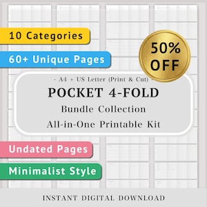 May include: A digital printable kit titled POCKET 4-FOLD Bundle Collection featuring 10 categories and 60+ unique pages in A4 and US Letter sizes. The undated pages have a clean layout, and the graphic includes text labels for 50% OFF and instant digital download.