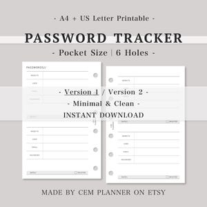 Password Tracker – Pocket Size Planner Inserts｜Password Keeper Log Sheet｜Website Login Organizer｜A4, US Letter Printable PDF Download｜207