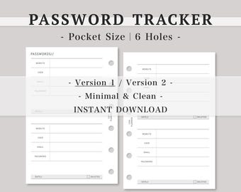 Password Tracker – Pocket Size Planner Inserts｜Password Keeper Log Sheet｜Website Login Organizer｜A4, US Letter Printable PDF Download｜207
