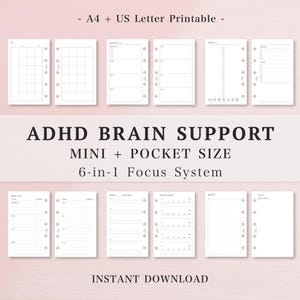 ADHD Brain Support Bundle, Mini Pocket Inserts, A4 Letter Printable, Executive Function Set, Monthly Weekly Daily Notes.., 6-in-1 Focus Kit