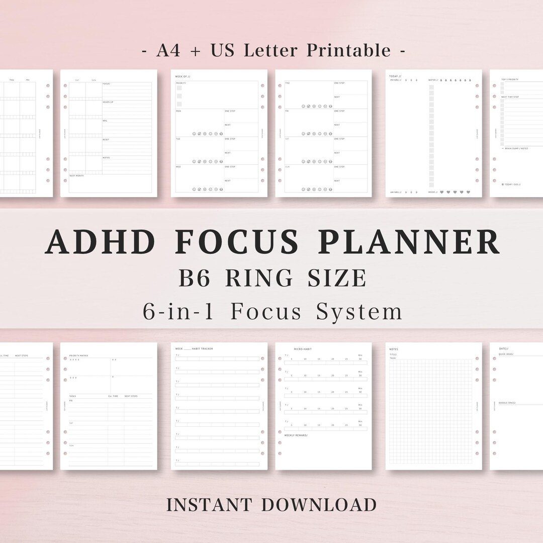 ADHD B6 Planner Inserts Daily Focus Flow Weekly Monthly Overview ...
