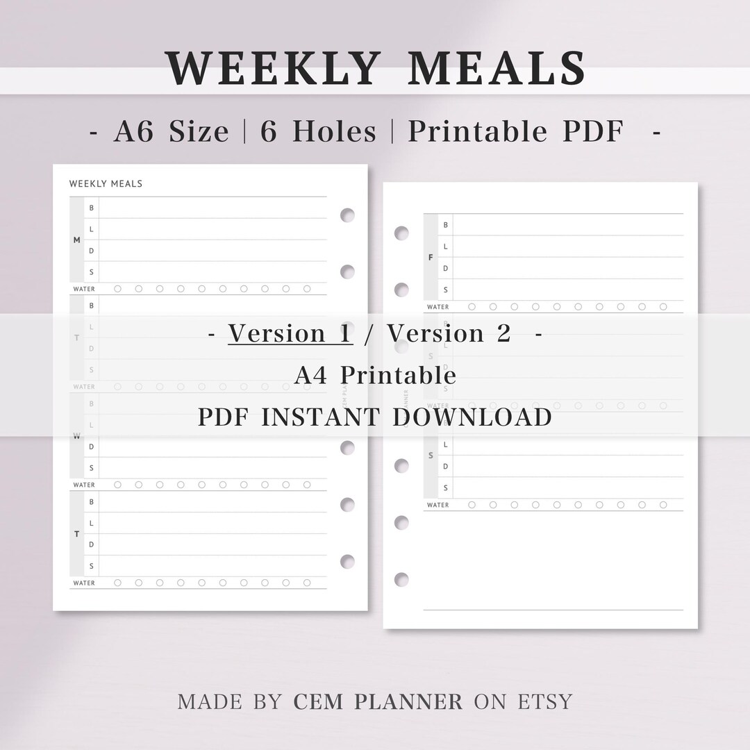 Weekly Meal Planner Insert - A6 Size｜food Diet Tracker, Menu List ...