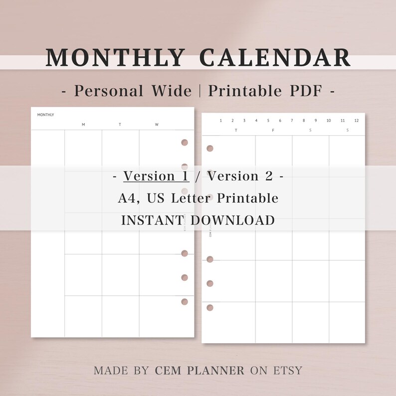 Minimalism Monthly Calendar Planner Insert｜personal Wide｜a4, US Letter Printable｜saturday ...