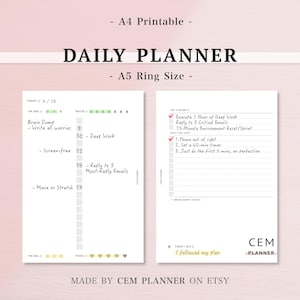 May include: A printable daily planner with the text "DAILY PLANNER" and "A5 Ring Size". The planner includes sections for tasks, notes, and a mood tracker. The text "MADE BY CEM PLANNER ON ETSY" is at the bottom.