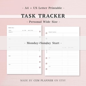 May include: A white task tracker printable with the text "TASK TRACKER" and "Personal Wide Size". The planner includes sections for tasks, priority, estimated time, and next steps. The text "Monday+Sunday Start" is also visible. The bottom of the image reads "MADE BY CEM PLANNER ON ETSY".