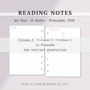 Anotações de Leitura – Modelo de Inserções Imprimíveis em Tamanho A6 | Autor, Classificação, Trecho, Páginas, Anotações | 3 Versões | Download Digital em PDF nos Formatos A4 e Carta (EUA) | 186