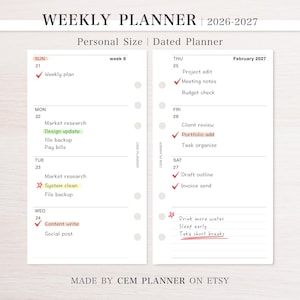 May include: A weekly planner for 2026-2027 with a dated layout. The planner includes sections for each day of the week, with space for notes and tasks. The text includes "Weekly Planner", "Personal Size", and "Made by CEM Planner on Etsy".