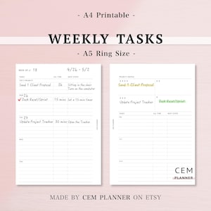 Peut inclure: Deux planificateurs de tâches hebdomadaires imprimables, formats A4 et A5, avec des sections pour les tâches, le temps estimé et les prochaines étapes. Le planificateur comprend le texte "WEEKLY TASKS" et "MADE BY CEM PLANNER ON ETSY".