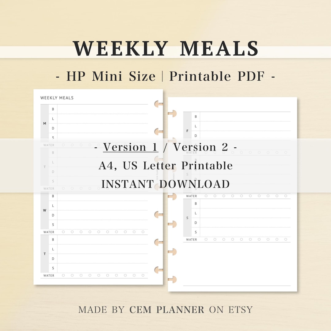 Weekly Meal Planner Insert - HP Mini Size｜food Diet Tracker, Menu List ...