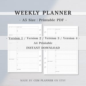 A5 Undated Weekly Planner｜Calendar, Checklist, Habit Tracker｜Week on one page｜4 versions｜Dotted, Grid｜Double-sided｜ Download Printable｜85