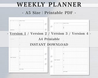 A5 Undatierter Wochenplaner｜ Kalender, Checkliste, Habit Tracker｜ Woche auf einer Seite｜ 4 Versionen｜ Gepunktet, Gitter｜ Doppelseitig｜ Download Printable｜85