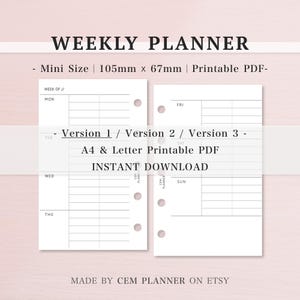 Weekly｜Mini Undated Planner Insert｜3 versions｜ Grid, Lined, Blank Pages｜To do, Meal, List｜Three-Column Notes Pages｜Digital Printable PDF｜045