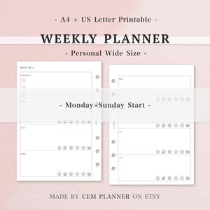 ADHD Weekly Planner Personal Wide, Week on 2 Pages, Top 3 Priority, Mood, Monday Sunday Start, A4 Letter Printable, Executive Function