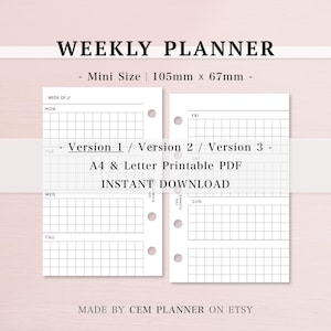 Weekly｜Mini (M5) Undated Planner Insert｜3 versions｜ Grid, Lined, Blank Notes｜WO2P｜A4 & Letter Printable｜PDF Download｜5 rings planner｜040