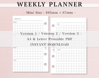 Planificador semanal | Mini (M5) sin fecha | 3 versiones | Cuadrícula, Rayado, Notas en blanco | WO2P | Imprimible en A4 y Carta | Descarga en PDF | Planificador de 5 anillas | 040