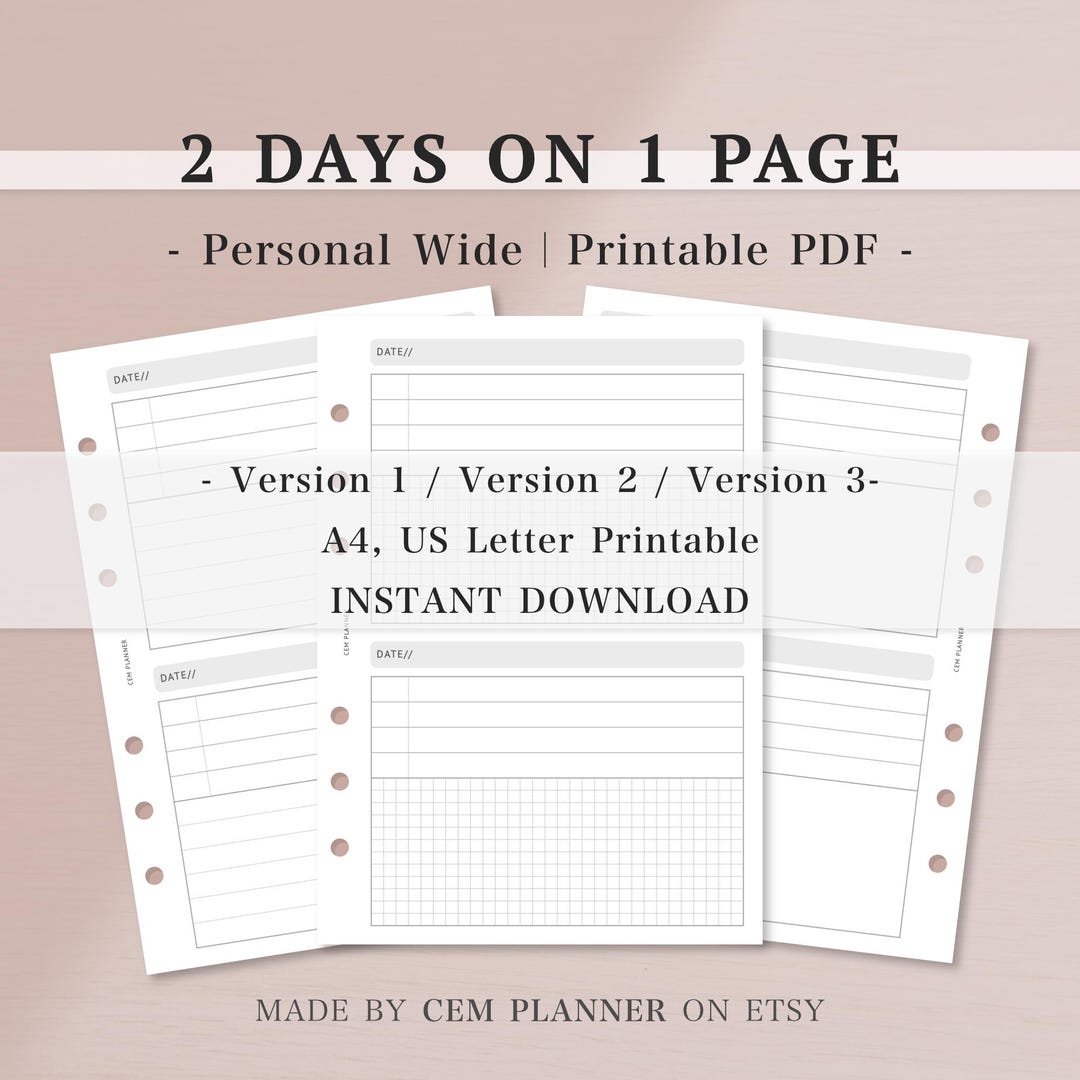 2 Days on 1 Page - Personal Wide Printable Planner Inserts｜priority ...