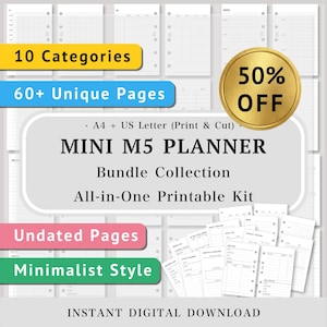 Può includere: Un kit di pianificazione digitale stampabile con pagine bianche, griglie nere e layout a righe. Il testo recita MINI M5 PLANNER Bundle Collection, 10 Categories, 60+ Unique Pages, Undated Pages, Minimalist Style, A4 + US Letter (Print & Cut).