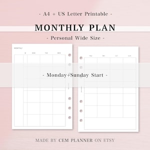May include: A printable monthly planner with a grid layout, designed for personal wide size. The planner includes sections for each day of the week, with a Monday and Sunday start. The text "MONTHLY PLAN" is displayed prominently at the top.
