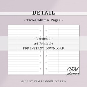 Basic Notes Papier Set｜A6 Größe 6 Ring｜Gitter, Punkt, Liniert, zweispaltige Seiten｜Casual, Memo Notes Vorlage｜A4 druckbare Einsätze｜PDF Download｜53 Bild 2