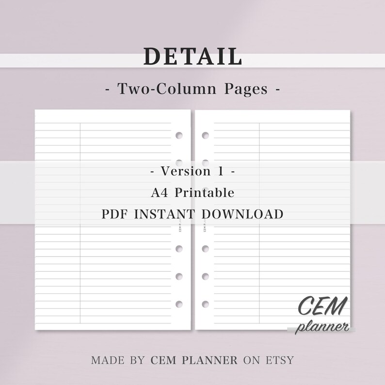 Basic Notes Papier Set｜A6 Größe 6 Ring｜Gitter, Punkt, Liniert, zweispaltige Seiten｜Casual, Memo Notes Vorlage｜A4 druckbare Einsätze｜PDF Download｜53 Bild 2