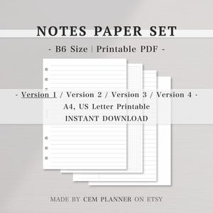 Enkelt set med anteckningspapper – Planeringsinlägg i B6-storlek｜5 mm rutnät, tvåkolumner, 7 mm linjerat, 3 mm punkter｜Studiemall｜A4, US Letter utskrivbar｜58