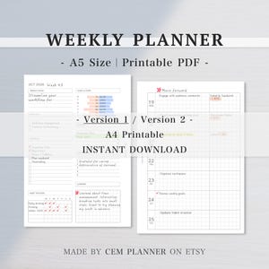 Planejador Semanal A5 sem Data | Sono, Passos, Lista de Verificação, Rastreador de Hábitos, Foco Semanal | WO2P | Pontilhado, Quadriculado | Frente e Verso | Baixar para Imprimir | 96