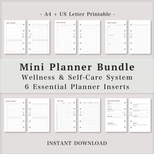 Può includere: Un set di planner digitali composto da dodici pagine bianche con testo nero e griglie per il monitoraggio di abitudini, sonno, umore, acqua, cura di sé e meditazione. Il testo recita Mini Planner Bundle Wellness & Self-Care System 6 Essential Planner Inserts.