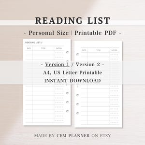 Reading List Insert Printable｜Personal Size Planner｜Book, Progress Tracker｜Minimal Log｜A4 PDF Instant Download｜Loose-Leaf Style｜145