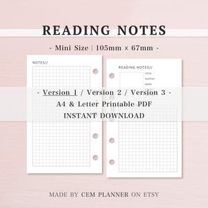 Reading Notes Inserts｜Mini Size Printable Template｜3 Versions｜A4 & US Letter｜Author, Rating, Excerpt, Notes｜Digital Planner PDF Download｜119