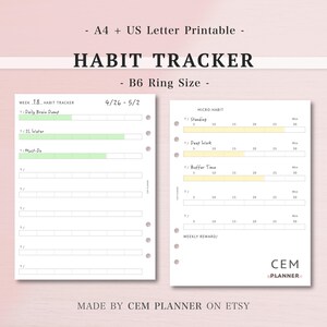 Könnte beinhalten: Druckbarer Habit Tracker im A4- und US-Letter-Format, sowie im B6-Ringformat. Das Design beinhaltet Abschnitte zur Verfolgung täglicher Gewohnheiten wie Brain Dumps und Wasseraufnahme, sowie Mikro-Gewohnheiten und wöchentliche Belohnungen. Der Text "HABIT TRACKER" ist deutlich sichtbar.