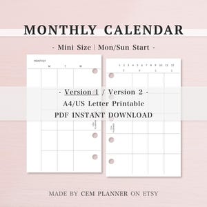 Mini Monthly Planner Insert｜Undated｜2 Versions｜Mon & Sun Start｜Download Printable｜PDF｜Minimalism｜Instant Download｜Loose-leaf paper｜26