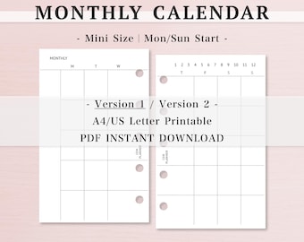 Mini agenda mensual | Sin fecha | 2 versiones | Inicio en lunes y domingo | Descarga imprimible | PDF | Minimalismo | Descarga instantánea | Hojas sueltas | 26