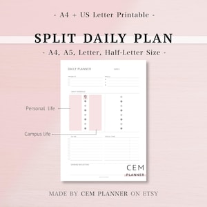 Agenda diária dividida, tamanhos A4, Carta e A5 (meia carta), cronograma com blocos de tempo, vida acadêmica versus vida pessoal, planejamento diário para estudantes, PDF minimalista.