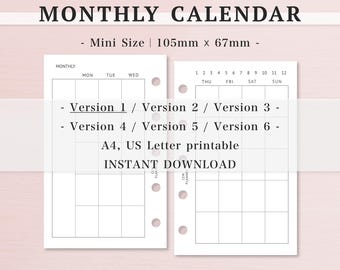 Miniatura | Planificador mensual sin fecha | Calendario | Páginas cuadriculadas, rayadas y en blanco | Imprimible en A4 y carta | Descargar | Planificador de 5 anillas | Minimalismo | 033