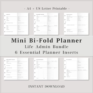 Könnte beinhalten: Ein Set aus sechs druckbaren Planereinlagen für einen Mini-Faltplaner, inklusive Vorlagen für Kontakte, Passwort-Tracker, Arztbesuche, Hausreparaturen, Autowartung und Haustierpflege, verfügbar in den Formaten A4 und US Letter.