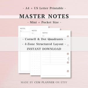 Mini + Pocket Planner Inserts, Quad Notes Insert, 4 Quadrant Cornell, Dot Grid Lined, Student Academic Bundle, Study PDF  Printable Refill