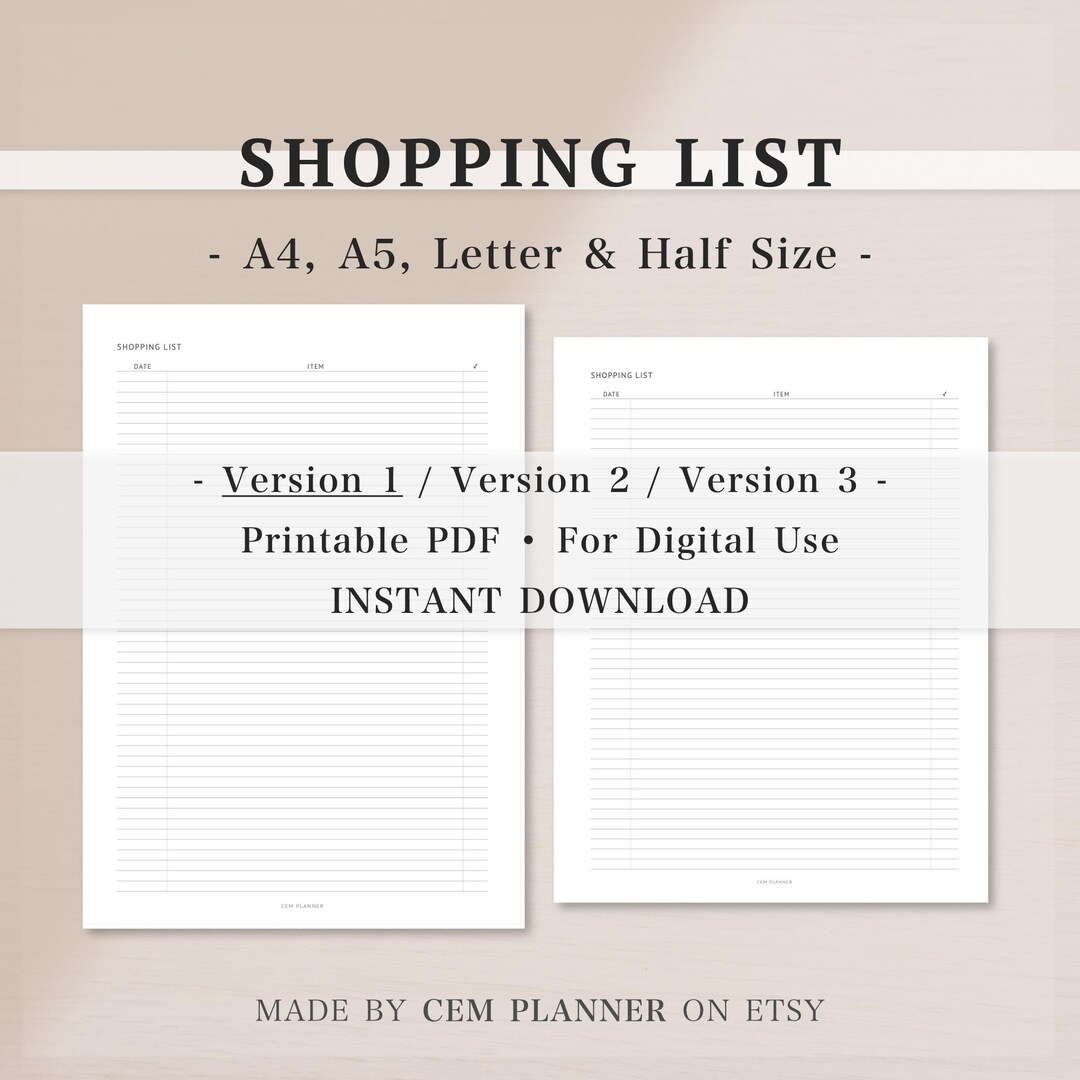 Buy List Example Printable Shopping List Template - A4, A5, Letter, Half-letter|shopping ...