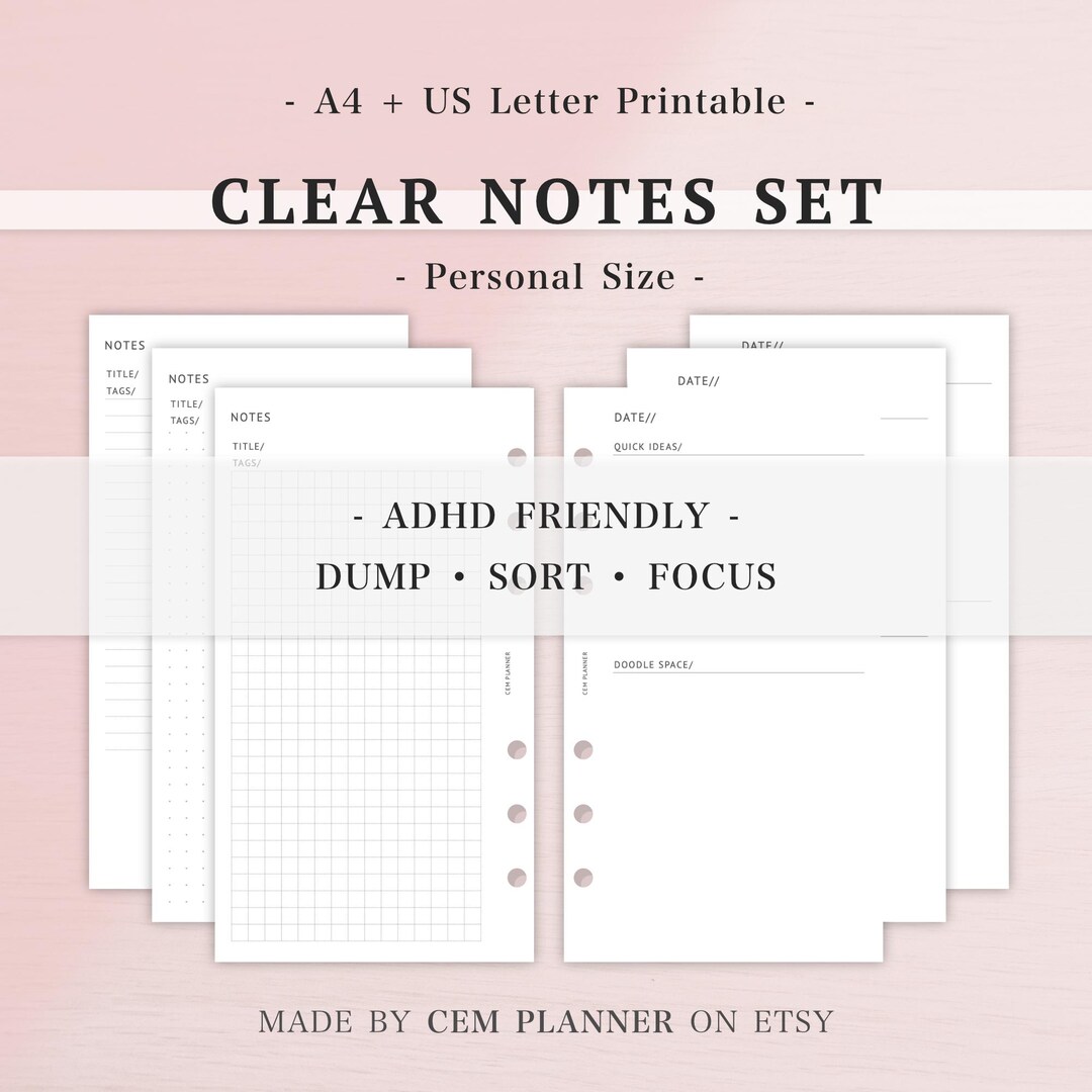 ADHD Notes Planner Inserts Personal Size, Cornell Method, Dot Grid ...