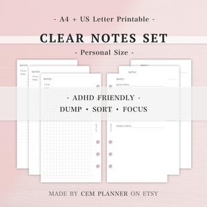 May include: A set of printable planner pages with the text "CLEAR NOTES SET" and "ADHD FRIENDLY". The pages include sections for notes, dates, and quick ideas. The design is simple and functional, with a grid and dot pattern.