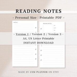 Reading Notes Inserts – Personal Printable Template｜3 Versions｜A4 & US Letter｜Author, Rating, Excerpt, Note｜Digital Planner PDF Download｜187