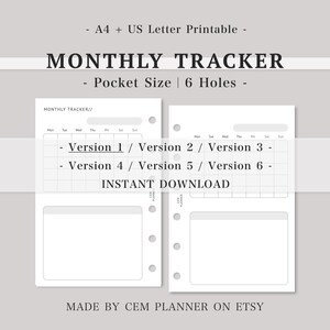 Monthly Tracker Planner Insert - Pocket Size Printable｜Habit Calendar｜Lined, Grid, Blank Notes｜Task Chores Log｜A4, US Letter PDF Download｜2