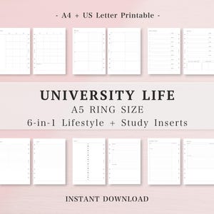 A5 Ring Life Planner Bundle, Academic Inserts for College, Monthly Weekly Daily Notes, Student Study Tracker, 6-in-1 Set | B5