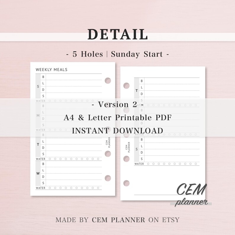 Weekly Meal Planner Insert - Mini (m5) Size｜food Diet Tracker, Menu ...