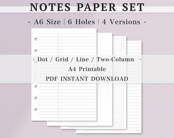 Basic Notes Paper Set｜A6 Size 6 Ring｜Grid, Dot, Lined, Two-Column Pages｜Casual, Memo Notes Template｜A4 Printable Inserts｜PDF Download｜53